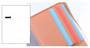 Close-up of compact leather card holder with multiple slots and lychee texture