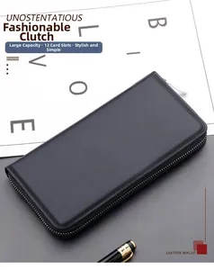 Macro view of men's black leather wallet detail with silver zipper and large capacity