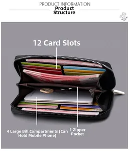 Detail showing 12 card slots and large compartments for phone and cash in the men's clutch