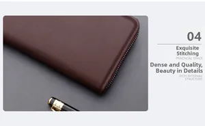 Detail of precise stitching on deep brown leather business clutch bag with stylus accessory