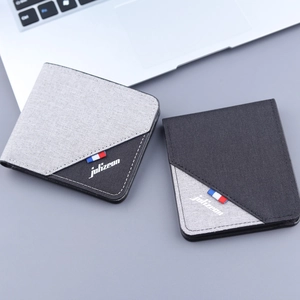Slim men's canvas bifold wallet with modern gray and black diagonal stitching design