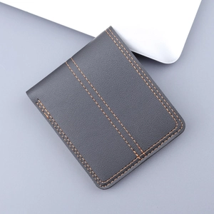 Men Short Bifold Wallet PU Leather Lychee Grain Contrast Stitching Multiple Card Slots Lightweight Minimalist Pocket Purse
