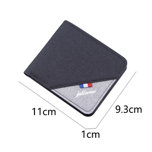 Men's slim canvas bi-fold wallet in grey patchwork style with size dimensions 11x9.3x1cm