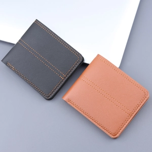 Short bifold leather wallet for men in black and brown with orange double stitching details