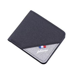 Men's slim bi-fold canvas wallet with black and grey diagonal stitching and woven label