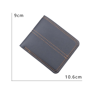 Blue-grey bifold men's leather wallet with orange stitching, dimensions 9cm by 10.6cm
