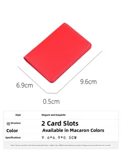 Slim red faux leather card holder with 2 slots, measuring 9.6cm x 6.9cm x 0.5cm thin profile