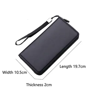 Men's business long wallet clutch bag in black grain leather with wrist strap and size info