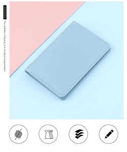 Detail view of light blue slim card holder with precise white stitching and multi-card slots