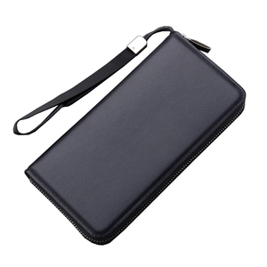 Men's large capacity business clutch bag in black pebble grain leather with wrist strap