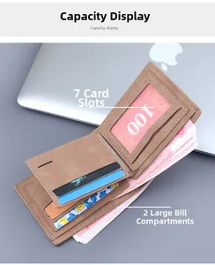 Internal view of men's bifold wallet showing 7 card slots and 2 bill compartments
