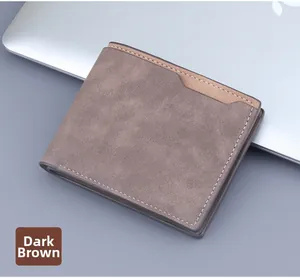 Detailed view of deep brown frosted leather bifold wallet with contrast stitching