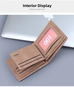 Interior view of bifold matte leather wallet showing card slots and ID window display