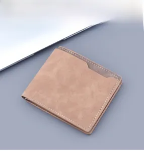 Detail view of men's bifold short wallet with matte finish and contrast stitching