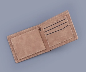 Detail of brown matte leather wallet showing card slots and premium stitching texture