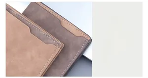 Detail of matte leather texture and precise stitching on men's bifold wallets
