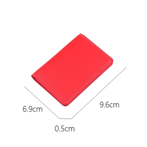 Slim red leather card holder with white stitching and dimensions 9.6x6.9x0.5 cm