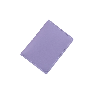 Slim light purple faux leather card holder with white stitching details for women
