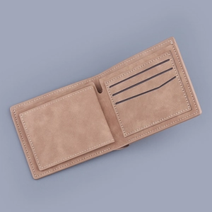 Slim bifold men's wallet in light brown frosted suede with multi-card slot layout