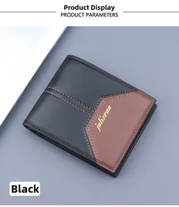 Detail view of bi-fold men's wallet featuring black and brown contrast stitching leather