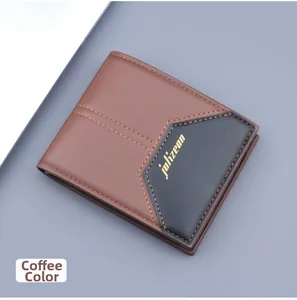 Close-up of contrast stitching and gold logo on the men's leather bifold wallet
