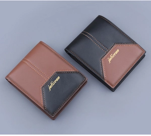 Close-up of dual-tone leather men's short wallets with fine stitching and gold logo