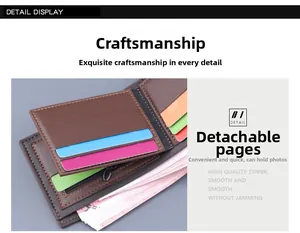Detail of brown leather wallet featuring multi-color card slots and a metal zipper pocket