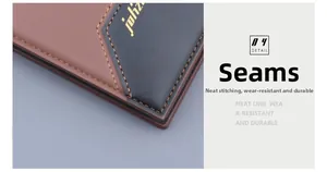 Macro detail of bifold wallet showing premium leather stitching and gold embossed logo