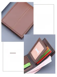 Detailed close-up of brown leather wallet interior featuring multiple card slots and clear ID window