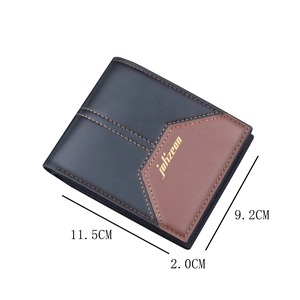 Men's bifold wallet in navy blue and brown leather with contrast stitching and zipper