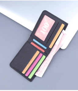 Detail view of canvas wallet interior featuring five card slots and ID window