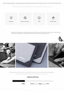 Detail of soft gray canvas and leather wallet with precise stitching and brand logo