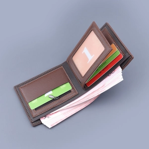 Men's bifold brown leather wallet with multi-card slots and zippered coin pocket