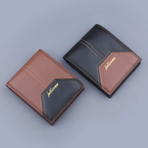 Men's leather bi-fold short wallet with stylish contrast stitching and gold logo