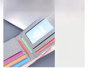 Detailed interior of a grey canvas wallet featuring multi-colored card slots and ID window
