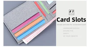 Detail of gray canvas bifold wallet interior showing multiple card slots and fine stitching