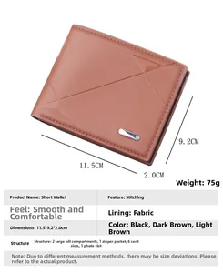 Detailed view of men's brown short wallet with dimensions 11.5x9.2x2cm and card slots