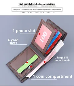 Detail view of brown leather wallet interior with 6 card slots and zippered coin pocket
