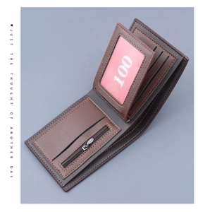 Detailed interior of brown bifold wallet showing card slots and zipper pocket