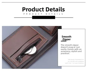 Detail of bifold wallet showing the smooth metal zipper pocket for coins and stitch quality