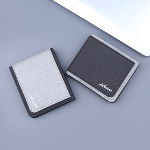 Short bifold canvas wallets for men in light and dark grey with brand logo detail