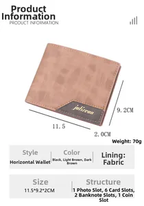 Men's retro brown wallet with grid texture and detailed compartment dimensions