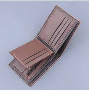 Close-up of men's bifold wallet showing card slots, coin pocket, and fine stitching