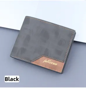 Close-up of black men's wallet with woven texture and vintage brown leather corner detail