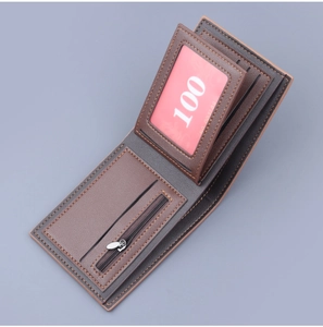 Detail of bifold wallet showing the zipper coin pocket and clear ID window view