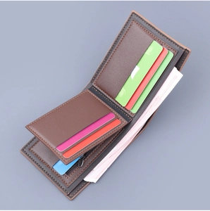 Detail view of bi-fold men's wallet with multi-card slots and side zipper pocket