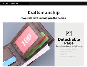 Detail view of brown leather wallet interior featuring card slots, ID window and zipper pocket