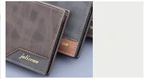 Close-up of cross-grain leather texture and stitching on men's bifold wallets