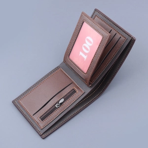 Brown bifold men leather wallet with multi card slots and internal zipper pocket