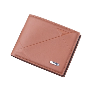 Classic caramel brown bi-fold men's leather wallet with modern geometric stitching detail